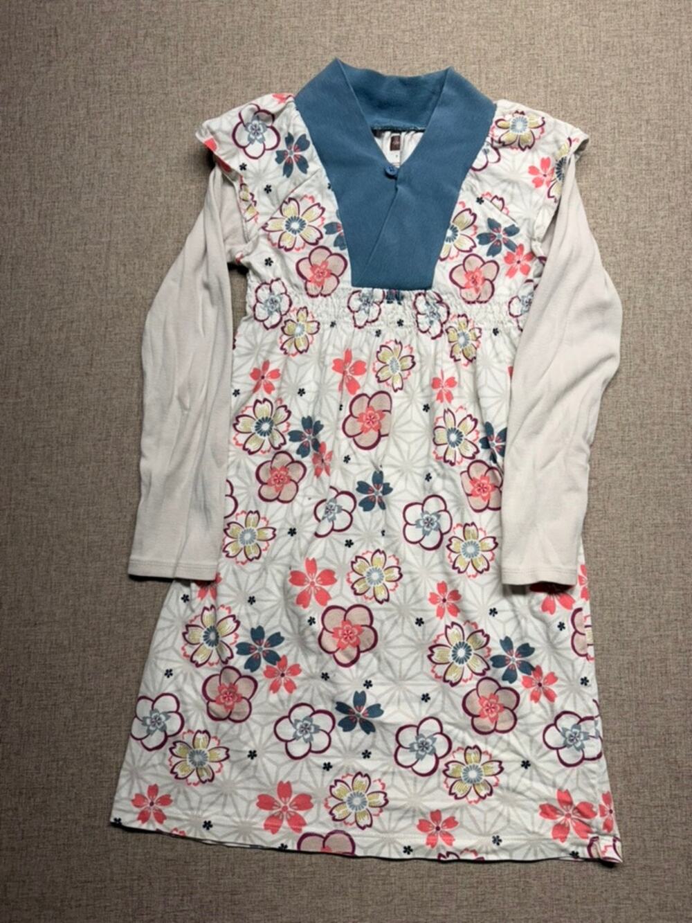 Tea Collection Girls Size 7 Floral Layered Long Sleeve Dress Blue Coral Cotton